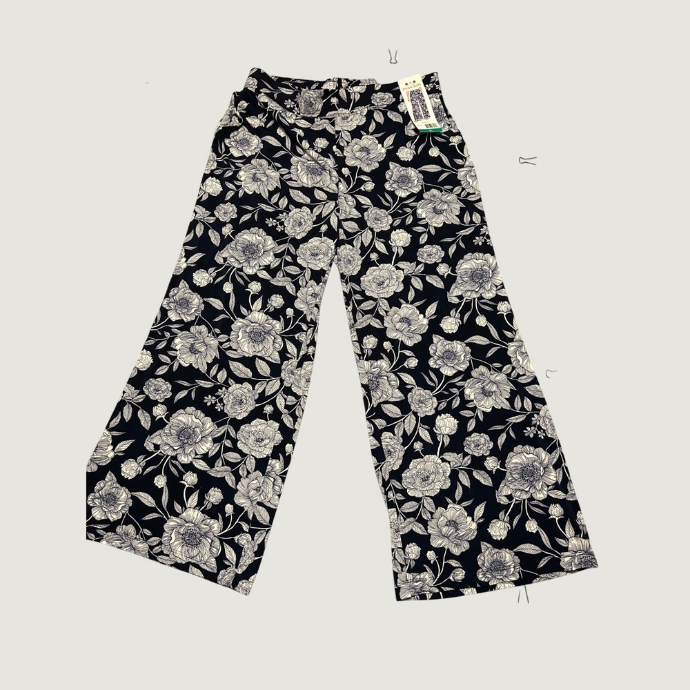 Three Dots Womens XL Navy White Floral Wide Leg Pants Elastic Waist NWT 1868328